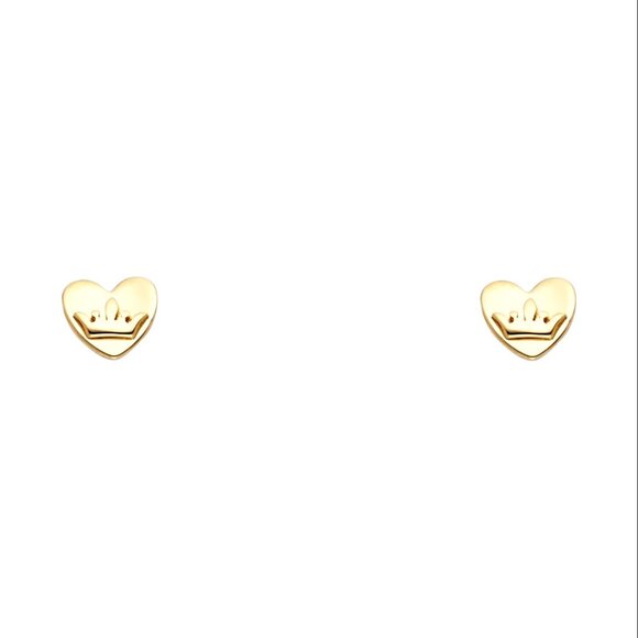 14KT Gold Heart and Crown Screw Back Stud Earrings 6mm
